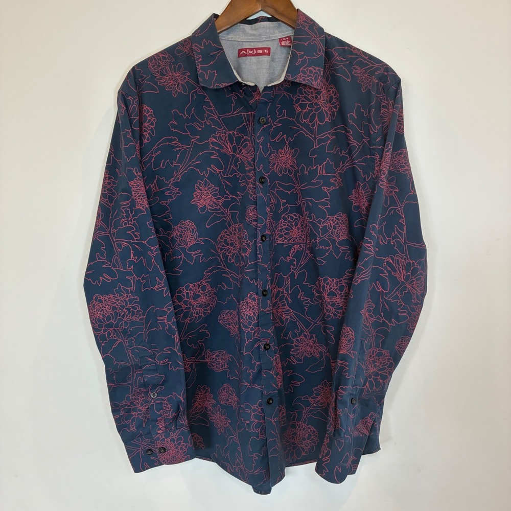 AXIST Mens Long Sleeve Button Down Shirt Navy Blue Red Floral Outline Print